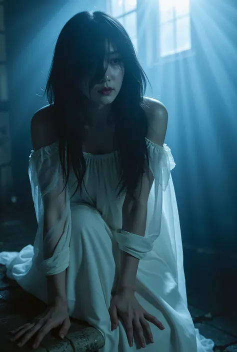 Create a scene featuring a beautiful Japanese actress is captured in a chilling scene from a horror movie. She has lifeless, pale skin and an unhealthy complexion, with deep purple lips. Her long, unkempt black hair is disheveled, partially obscuring her f...