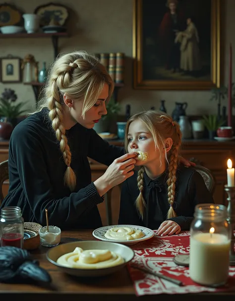 Swedish woman and a girl she is babysitting, at a kitchen table, traditional furnishings, woman is feeding the girl thick vanilla yogurt, with her fingers and hands, the yogurt is poring down the girl's chin and onto her blouse, smeared on her face, the mo...