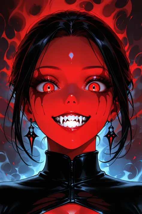 masterpiece, best quality, amazing quality, newest, very aesthetic, an intense, evocative portrait from (black clovver) art-style,A captivating venom woman exudes an eerie charm, her ghostly complexion stark against a swirling dark crimson haze. Her menaci...
