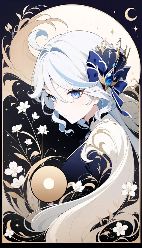 (Anime line drawing:1.5), (inverted colors:1.4), (negative space:1.6), minimalist, dark background, bright glowing lines. Furina from Genshin Impact, graceful mask, serene expression, flowing hair, surrounded by delicate glowing flowers. Add feng shui Eart...