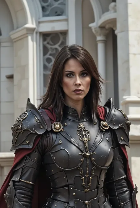 woman in armor, standing on a medieval battlefield holding a banner