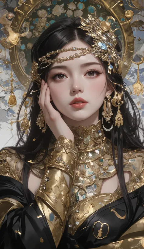 masterpiece, Best Quality,ultra resolution, perfect anatomy, one woman, detailed face、Like a Klimt painting、Dramatic、dynamic、absurd、metaphysics