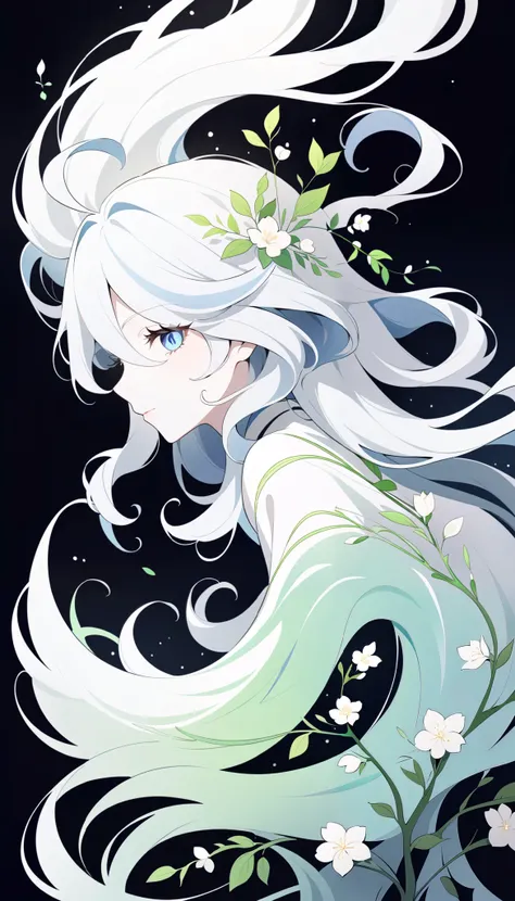 (Anime line drawing:1.5), (inverted colors:1.4), (negative space:1.6), minimalist, dark background, bright glowing lines. Furina from Genshin Impact, serene expression, graceful mask, flowing hair. Surround her with delicate glowing flowers, vines, and lea...