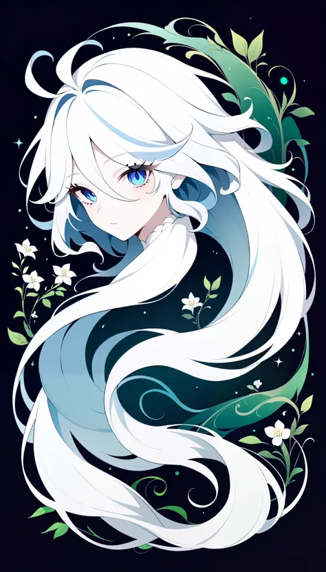 (Anime line drawing:1.5), (inverted colors:1.4), (negative space:1.6), minimalist, dark background, bright glowing lines. Furina from Genshin Impact, serene expression, graceful mask, flowing hair. Surround her with delicate glowing flowers, vines, and lea...