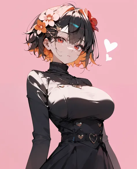 girl,orange hair, multi colour hair,black hair,in red eyes,for short hair, Tomboy,light pink background,big breasts,Flower Hair Ornament, Straight Line,Put on a military necklace,heart,black turtleneck,Long Sleeve Dress