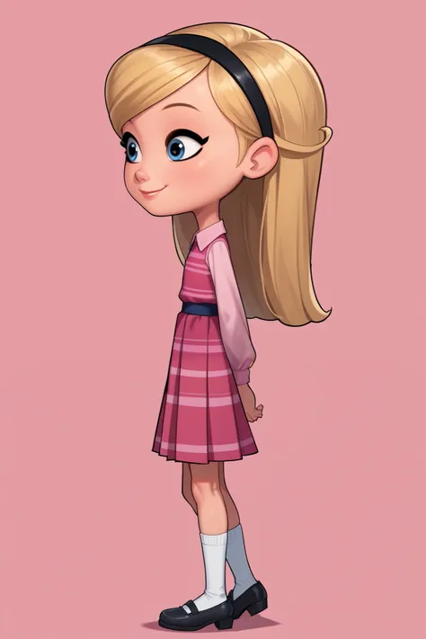 score_9, score_8_up, score_7_up, source_anime, 8-year old, 1girl , , ,solo , full body, , penny peterson , long hair , blue eyes , 2d , blonde hair , skirt , pleated skirt , hairband , black hairband , white high socks , dress , pink dress ,sleeves, ,Black...