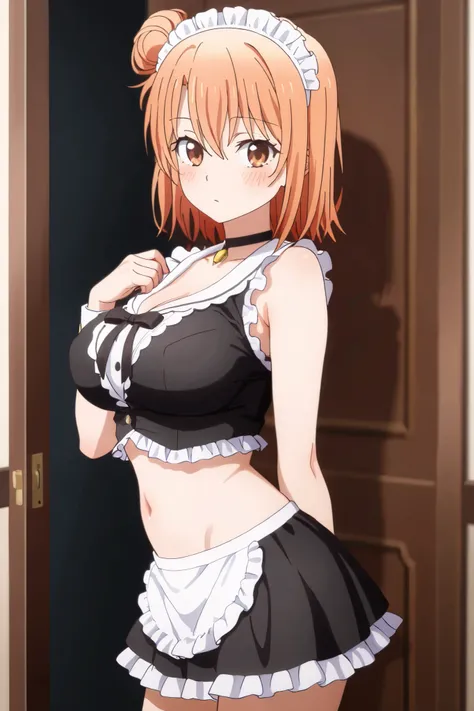 NSFW,masterpiece,top quality,high resolution,very detailed,yui yuigahama(After all, My Youth Romantic Comedy is wrong),short hair、brown eyes、orange hair、bun hair、single hair bun,maid clothes,crop top, sleeveless,miniskirt