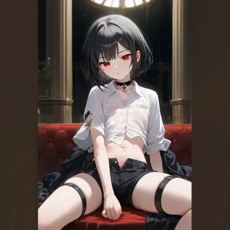 ((최고의 품질)), ((걸작)), (상세한), 완벽한 얼굴, SOLO, 1 BOY, SHOTA, ANIME, beautiful detailed eyes, BOB hair, black hair, RED EYES, BARE thighs, (((BARE LEG))), ((BLACK short pants)), (((dress shirt))), ((MID DRIFF)), Flat chest, Choker, expressionless, (Thigh strap), ...