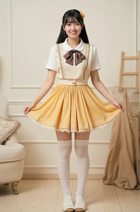 there is a woman that is standing in a room with a skirt, dressed as schoolgirl, lalisa manoban of blackpink, thighhighs and skirt, wearing honey - themed miniskirt, youtube video screenshot, wearing skirt, Lalisa Manobal, wearing skirt and high socks, sma...