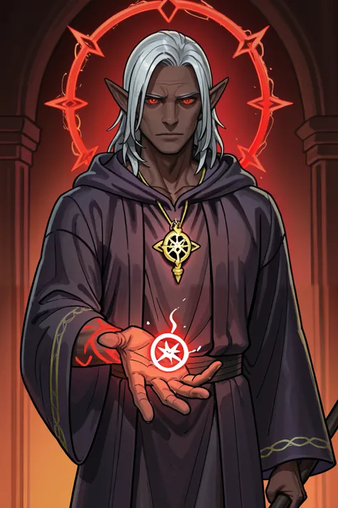 a dark elf male with dark skin and glowing red eyes, as if imbued with dragon magic. He has long silver hair and wears dark robes with subtle glowing arcane symbols. In one hand, he holds a staff with a glowing crystal, and a dragon pendant hangs around hi...