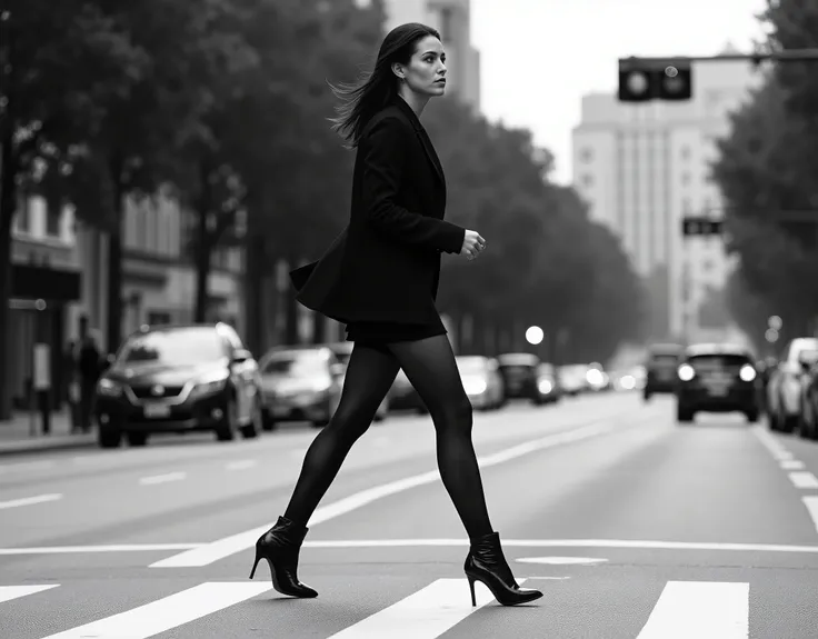  Create a professional black-and-white side-shot photograph of a striking woman mid-stride as she confidently crosses a pedestrian crosswalk in an urban, tree-lined street. Her profile is elegantly defined, with a determined expression and focused gaze con...