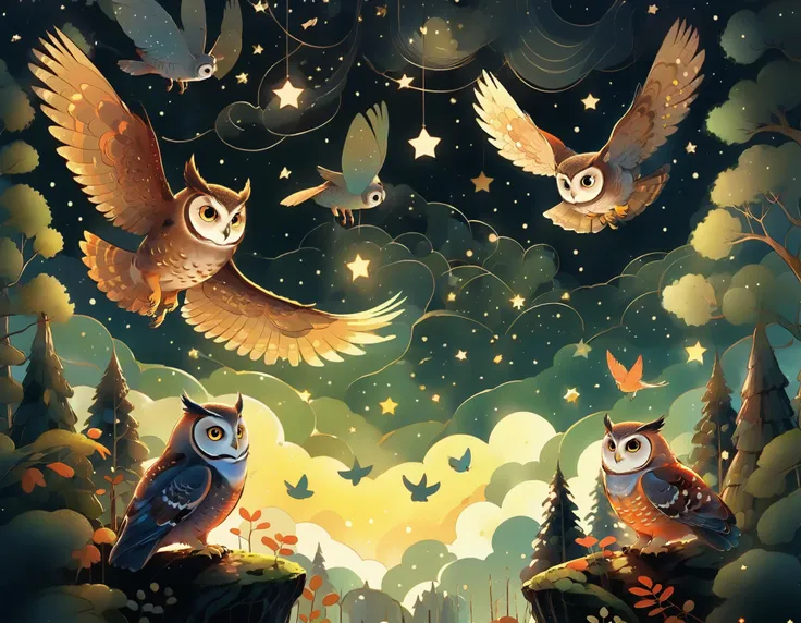 [[warmth,forest,illustration,flies in the middle of many, many stars,Dr. Owl