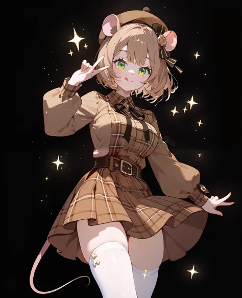 girl,Mouse Ear,light brown hair,in green eyes,,for short hair,, comic dress,big breasts,cute,brown short skirt,Slim legs,With rat tail,Sherlock Holmes series ,black black background,Put on a brown hat,brunette dress ,long sleeve brown shoulder dress,ต้นSli...