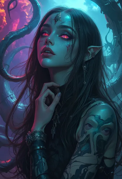 (4 iridescent eyes:1.5), four eyes, scary and sexy detailed art in color, Portrait, (beautiful and obscene female alien:1.4), (vulgarity1.7), (Translucent white skin:1.4), (There is a female genital-like organ in the middle of the forehead:2.3), (The most ...