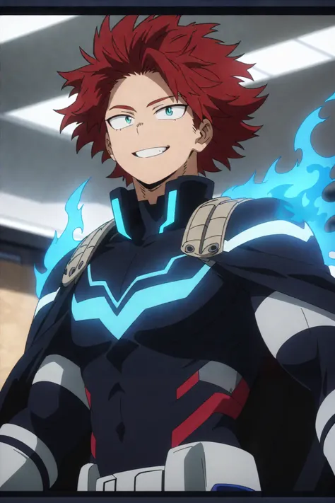 (masterpiece, best quality, anime, anime coloring:1.3, superhigh res, superdetailed). ((1man, male, with matte red hair, slightly disheveled, turquoise eyes, muscular, dark blue hero costume, with blue flame glowing lines, blueflames on shoulders, white ga...