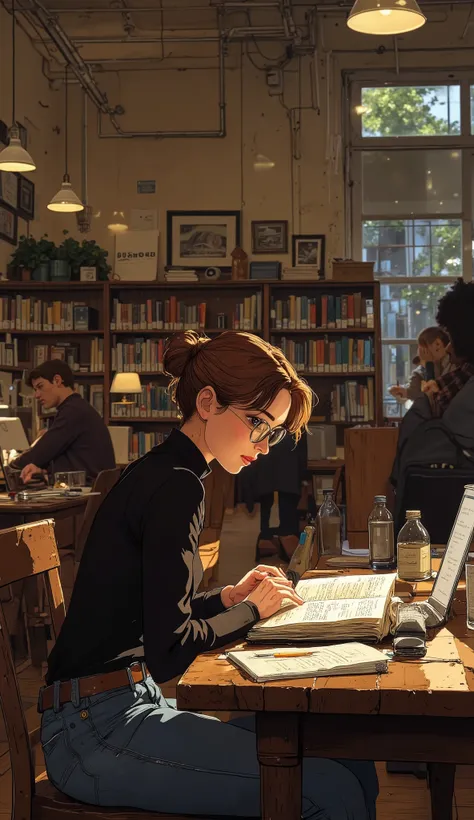 A young woman with her hair tied in a high ponytail sits at a long wooden table in a quiet university library. She wears a fitted turtleneck and jeans, her glasses resting on her head as she flips through the pages of a thick academic book. A silver laptop...