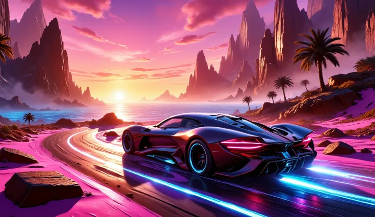 Surreal, cinematic image: a sleek, neon-lit sports car with pink, blue, and purple accents races along a rugged coastal road at sunset. Jagged mountains bathed in pink, orange, and purple hues form the backdrop, with silhouetted palm trees and a neon-lit o...