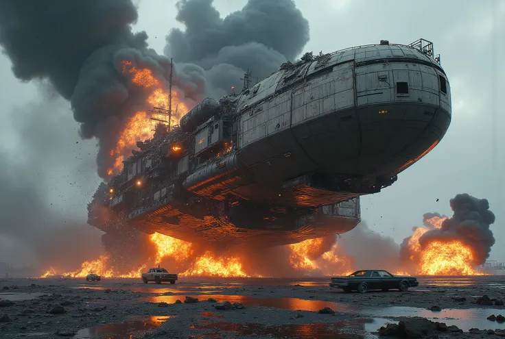 Doomsday Wasteland Sci-Fi Realism | Dynamic Disaster Photography | industrial-grade metal crash aesthetics,
The moment the giant interstellar cargo ship hit the ground at a 45° oblique angle,
[Hull] nano-ceramic armor plates are peeled off in a molten stat...