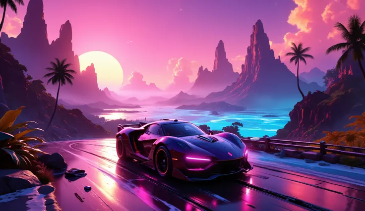 Surreal, cinematic image: a sleek, neon-lit sports car with pink, blue, and purple accents races along a rugged coastal road at sunset. Jagged mountains bathed in pink, orange, and purple hues form the backdrop, with silhouetted palm trees and a neon-lit o...