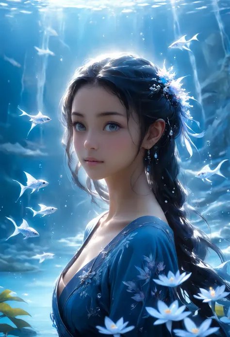 Classic painting, like 18 century drawing, chiaroscuro, (Hoshimi Miyabi from Zenless Zone Zero), gentle beautiful woman, in mystic sakura garden near the lake, messy hair, sword of ice, no makeup, cute detailed face, beautiful eyes, perfect bright eyes, fu...