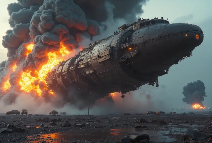 Doomsday Wasteland Sci-Fi Realism | Dynamic Disaster Photography | industrial-grade metal crash aesthetics,
The moment the giant interstellar cargo ship hit the ground at a 45° oblique angle,
[Hull] nano-ceramic armor plates are peeled off in a molten stat...