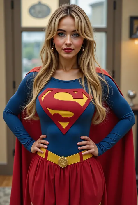 (BIG BLUE EYES:2.3) (LIBRARIAN GLASSES) a beautiful girl with long blonde hair, detailed blue eyes, nose, and red lipstick,WEARING A 1990 BLUE SPANDEX SUPERGIRL COSTUME, RED PLEATED SKIRT WITH A YELLOW SUPERMAN BELT, LONG RED CAPE AND BOOTS. PERFECT SKIN, ...