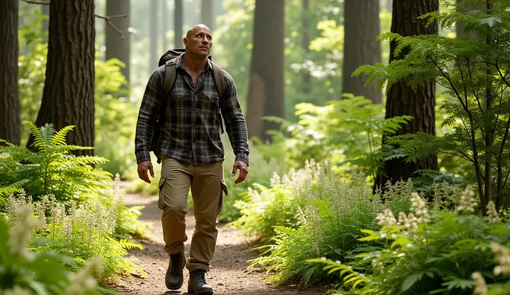 Photorealistic image - Dave Rock Johnson walks in a forest park in summer. Approximate shot.