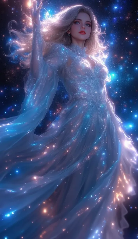 ((Masterpiece, ultra-detailed, 8K CG art)) – A majestic celestial sorceress, floating in a vast cosmic nebula, surrounded by glowing magical sigils and swirling galaxies. Her flowing cosmic robe shimmers with the colors of the universe, and she holds a rad...
