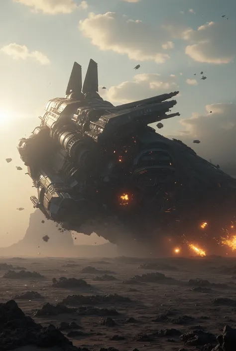 A huge spaceship crashed on an unknown planet, exploded when impacting the surface, scattered and scattered. Thriller, Ashes in the sky, depth&( Extremely Complex :1.3), (realistic), Master Level, Analog style, (film particles:1.5), (Cold), ( Ultra HD Det...