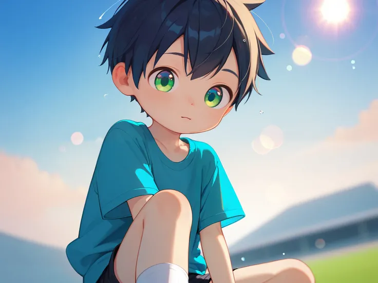 ((Masterpiece:1.2)), best quality, amazing quality, outrageous, very aesthetic, latest, 1boy, solo, (young boy), (shota:1.5), shiny black hair, short hair, shaking head, ((big eyes, clear green eyes), black shorts, sneakers, socks, outdoors, blue sky, wind...