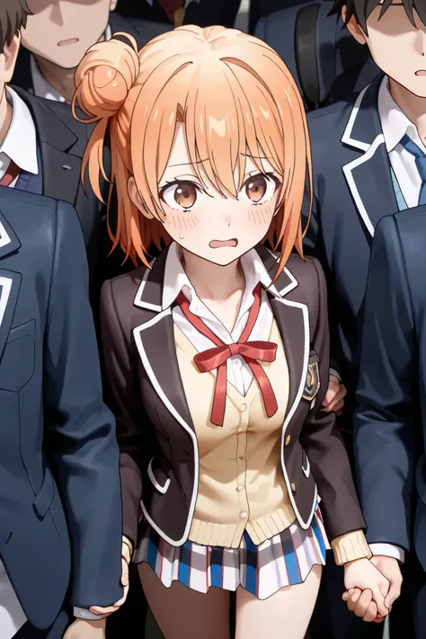 NSFW,masterpiece,top quality,high resolution,very detailed,yui yuigahama(After all, My Youth Romantic Comedy is wrong),short hair、brown eyes、orange hair、bun hair、single hair bun,blazers、Cardigan、jacket、thigh plaid、thigh plaidskirt、uniform、skirt、総武高校のunifor...