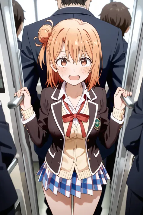 NSFW,masterpiece,top quality,high resolution,very detailed,yui yuigahama(After all, My Youth Romantic Comedy is wrong),short hair、brown eyes、orange hair、bun hair、single hair bun,blazers、Cardigan、jacket、thigh plaid、thigh plaidskirt、uniform、skirt、総武高校のunifor...