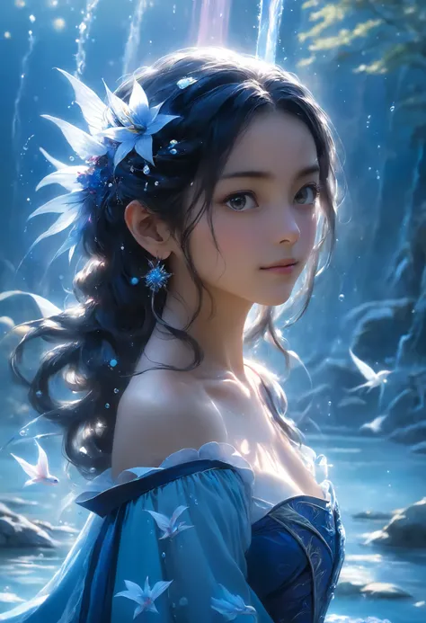 Classic painting, like 18 century drawing, chiaroscuro, (Hoshimi Miyabi from Zenless Zone Zero), gentle beautiful woman, in mystic sakura garden near the lake, messy hair, sword of ice, no makeup, cute detailed face, beautiful eyes, perfect bright eyes, fu...