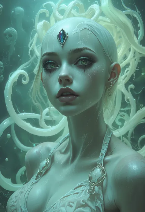 (4 iridescent eyes:1.5), four eyes, scary and sexy detailed art in color, Portrait, (beautiful and obscene female alien:1.4), (vulgarity1.7), (Translucent white skin:1.4), (There is a female genital-like organ in the middle of the forehead:2.3), (The most ...