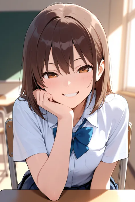 Masterpiece, Best Quality, Beautiful Girl, Smiling Face, Student, School Uniform, Sitting on Chair, One Hand on Chin