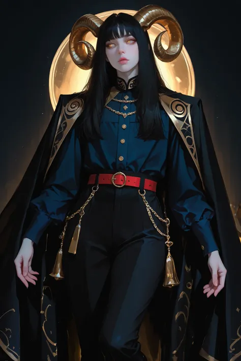Solo, ((From Front)), Thigh up, Male, Twink, Long Black Hair, (((Golden Eyes, Golden Curled Horns))), Black Hair, Pale Skin, Pink Lips, Noble appearance, Human Face, Human, dark blue Noble Shirt, Gold Accents on Shirt, Black Trousers, Black Shoes, Black Ca...