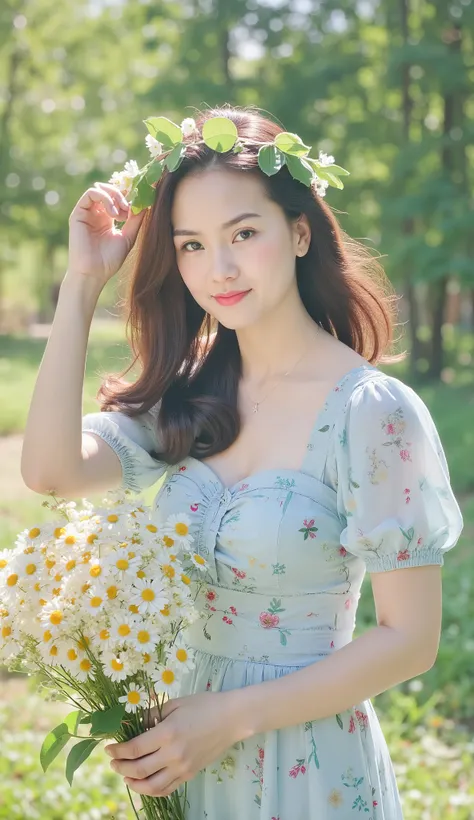 A young woman with delicate features and long, wavy brown hair stands gracefully in a sunlit garden. She wears a light blue floral dress with short puffed sleeves, cinched at the waist, giving her an ethereal and romantic look. Her complexion is fair, and ...