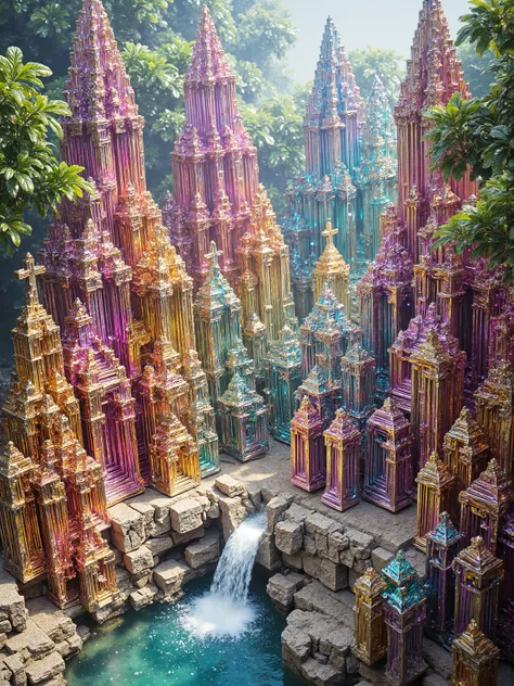 A cliff that is 300 feet tall made up of gigantic quartz crystal points that are multicolored translucent pillars in a tropical rainforest. In the middle of these skyscraper sized quartz crystals is an incredible gushing cascading waterfall that pours into...