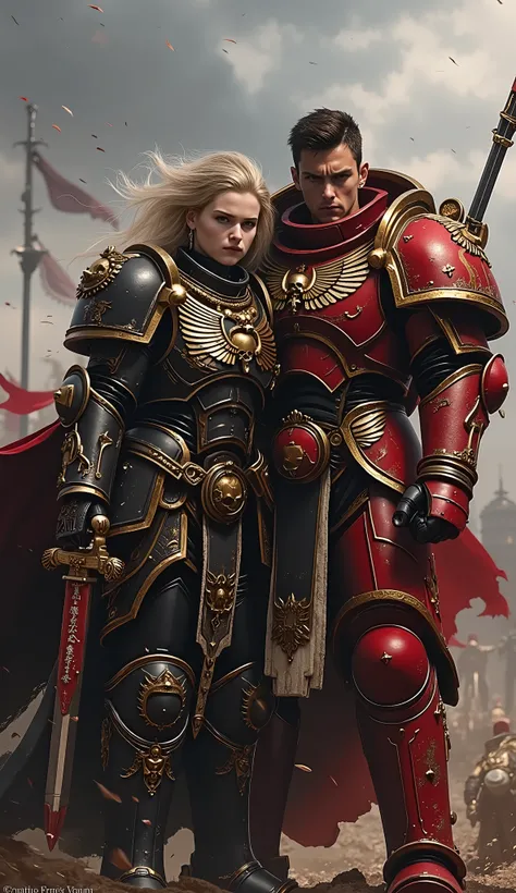 An elite ((1girl) (female Custodes)) and ((1boy) (male Custodes)) fighting and shooting side by side on a battlefield. The famale Custodes has a black and gold armor with many details and 'purity seals'. The male custodies has a red and gold armor that is ...
