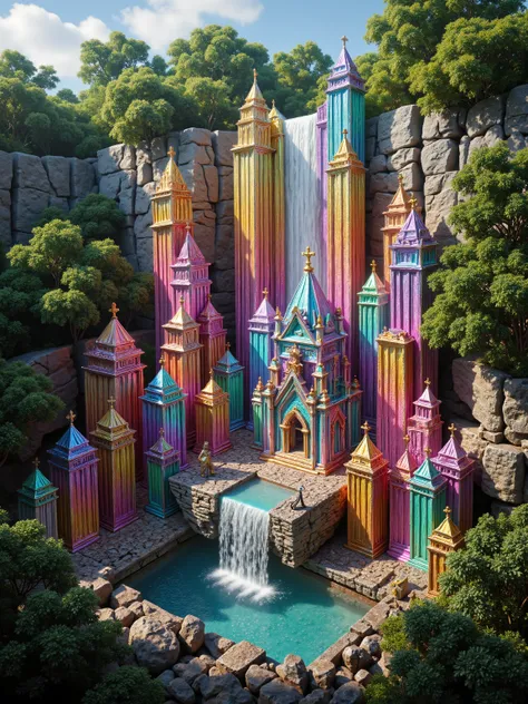 A cliff that is 300 feet tall made up of gigantic quartz crystal points that are multicolored translucent pillars in a tropical rainforest. In the middle of these skyscraper sized quartz crystals is an incredible gushing cascading waterfall that pours into...