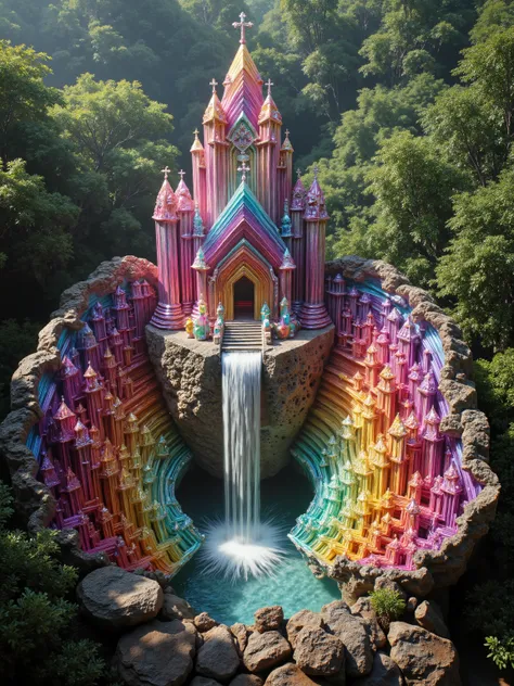 A cliff that is 300 feet tall made up of gigantic quartz crystal points that are multicolored translucent pillars in a tropical rainforest. In the middle of these skyscraper sized quartz crystals is an incredible gushing cascading waterfall that pours into...