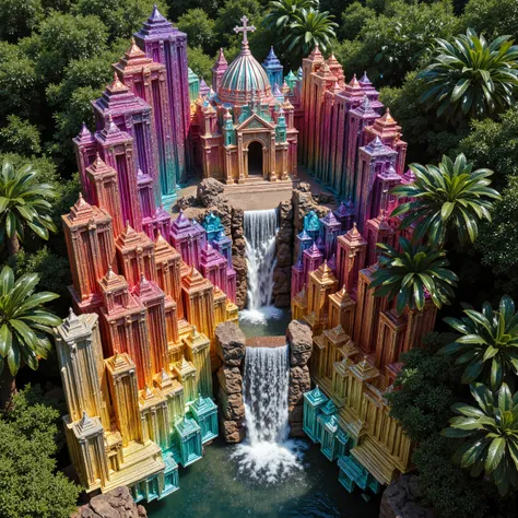 A cliff that is 300 feet tall made up of gigantic quartz crystal points that are multicolored translucent pillars in a tropical rainforest. In the middle of these skyscraper sized quartz crystals is an incredible gushing cascading waterfall that pours into...