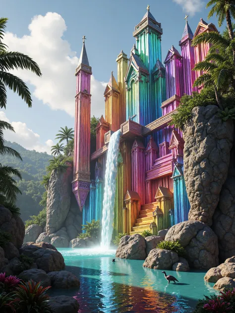 A cliff that is 300 feet tall made up of gigantic quartz crystal points that are multicolored translucent pillars in a tropical rainforest. In the middle of these skyscraper sized quartz crystals is an incredible gushing cascading waterfall that pours into...