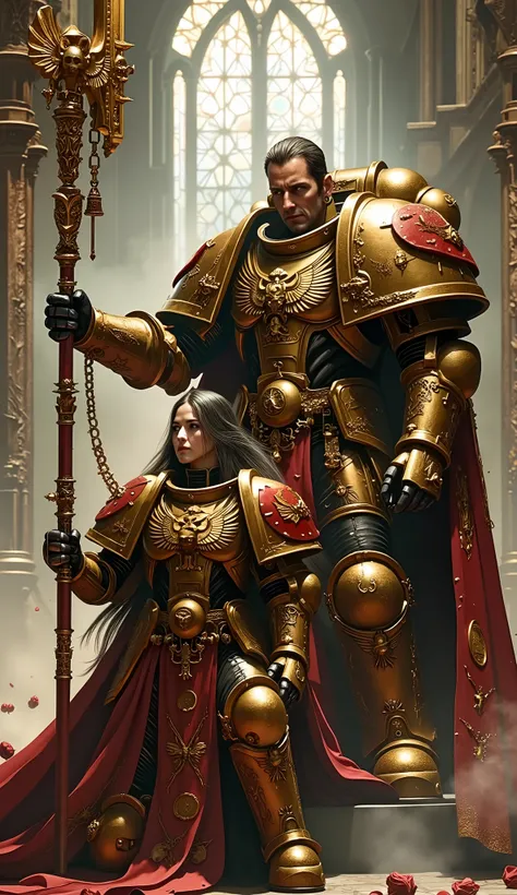 Change the female character armor to the one of "Sisters of Battle", add very large amount of details and purity seals to her armor. The male character is a Custodes with a Bolterhelberd.