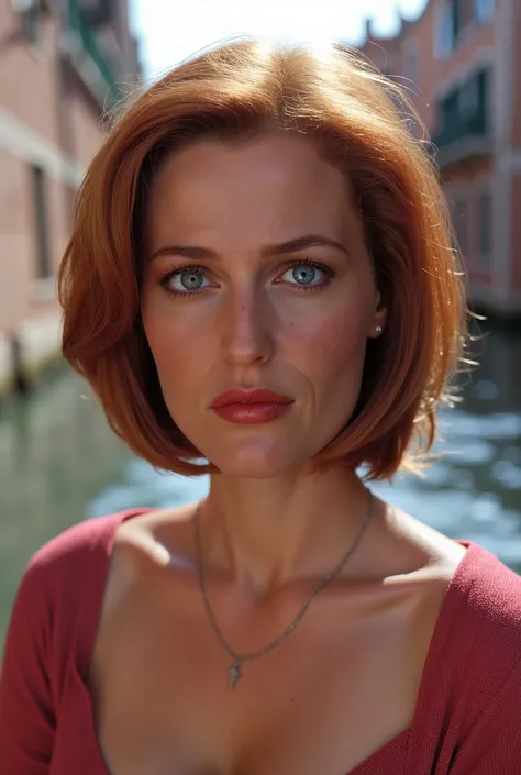 Beautiful young Dana Scully wearing a rose summer dress (gondola ride in venice), very detailed, innocent face, Natural wavy hair, blue eyes, high resolution, masterpiece, best quality, intricate details, very detailed, sharp focus, Detailed skin, realisti...