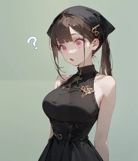 girl,wearing a sleeveless black dress,Dark Brown Hair,In pink eyes ,for short hair, double ponytail,Slim Gold Hairpin,Very thin,big breasts, small waist ,long skirt,Black headscarf, light green background,Long eyelashes,Open your mouth,shy,long hair,Upper ...