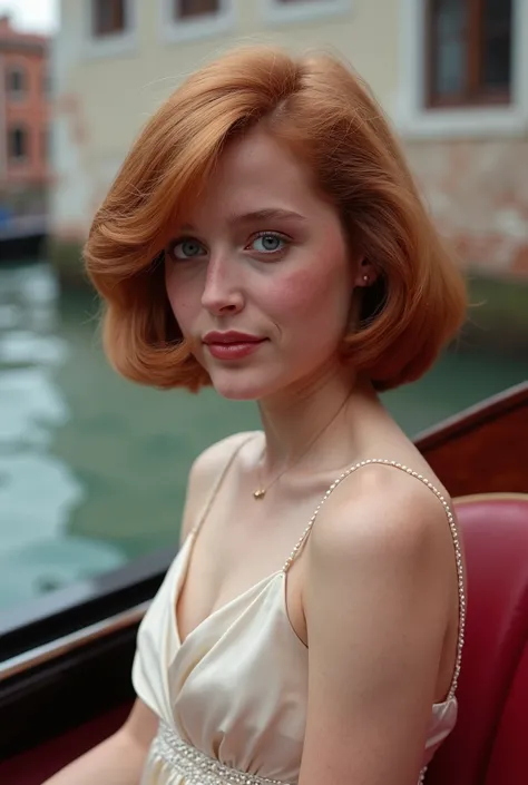 Beautiful young Gillian Andersion wearing a satin summer dress (gondola ride in venice), very detailed, innocent face, Natural red hair, bob haircut, blue eyes, high resolution, masterpiece, best quality, intricate details, very detailed, sharp focus, Deta...