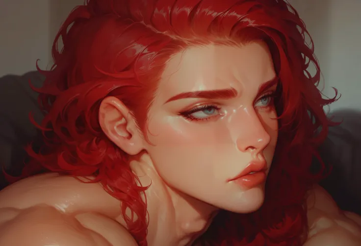 score_9, score_8_up, score_7_up, 1girl, ExpressiveH, solo, red hair, male, muscular male, nude, face focus, looking away, blurry background, 