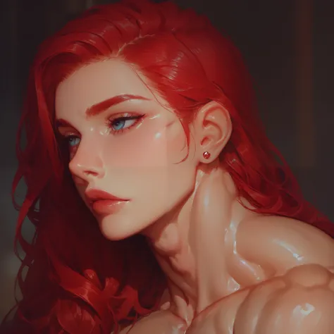 score_9, score_8_up, score_7_up, 1girl, ExpressiveH, solo, red hair, male, muscular male, nude, face focus, looking away, blurry background, 