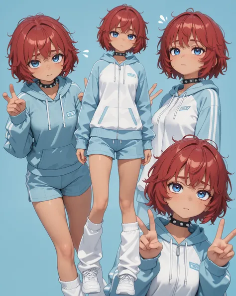 1girl, 20 years old, beautiful woman, cute,kawaii, blue eye, big eye,beautiful, tired eye, downturned eyes, tan skin, freckles, messy hair, red hair, (short hair), (tracksuit hoodie, pastel blue), shorts, white leg warmers, ,spiked choker, breast,tired exp...